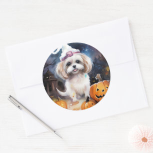 Halloween Malti Tzu With Pumpkins Scary  Classic Round Sticker