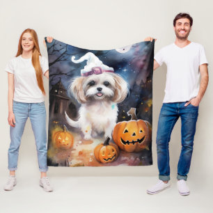 Halloween Malti Tzu With Pumpkins Scary  Fleece Blanket
