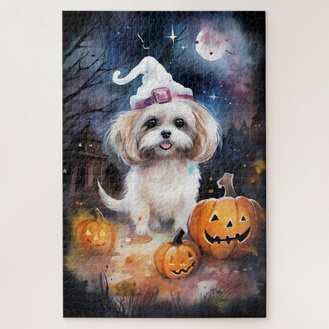 Halloween Malti Tzu With Pumpkins Scary  Jigsaw Puzzle (Vertical)