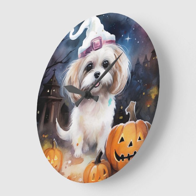 Halloween Malti Tzu With Pumpkins Scary  Large Clock (Angle)