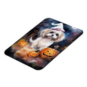 Halloween Malti Tzu With Pumpkins Scary Magnet