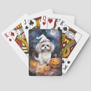 Halloween Malti Tzu With Pumpkins Scary Playing Cards