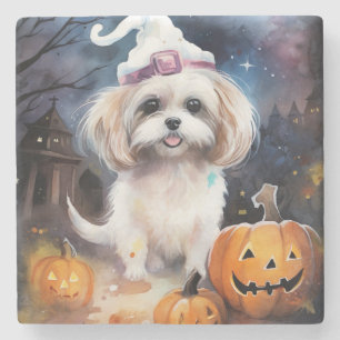 Halloween Malti Tzu With Pumpkins Scary Stone Coaster