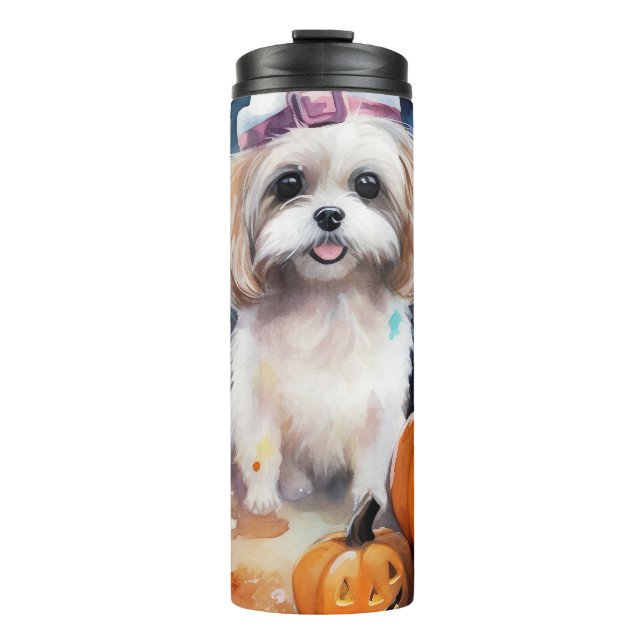 Halloween Malti Tzu With Pumpkins Scary  Thermal Tumbler (Front)