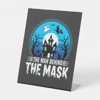 Halloween Man Behind the Mask Haunted House Pedestal Sign