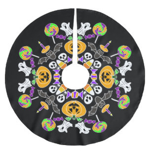 Halloween Mandala Ghosts, Pumpkins, Bats and Skull Brushed Polyester Tree Skirt
