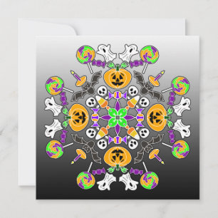 Halloween Mandala Ghosts, Pumpkins, Bats and Skull Invitation
