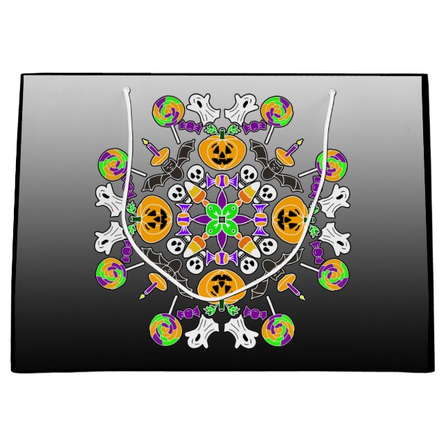 Halloween Mandala Ghosts, Pumpkins, Bats and Skull Large Gift Bag (Front)