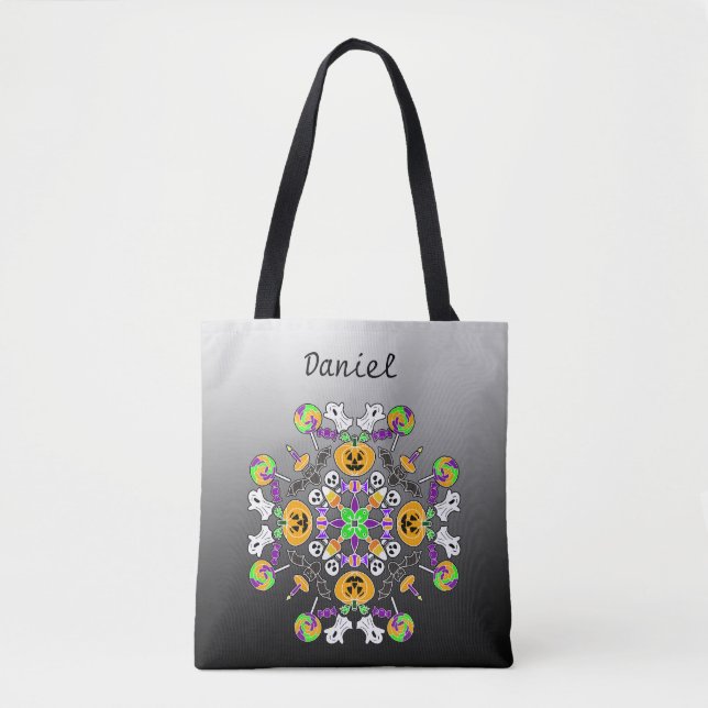 Halloween Mandala Ghosts, Pumpkins, Bats and Skull Tote Bag (Front)