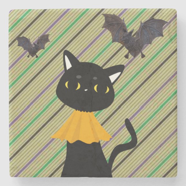 Halloween Marble Stone Coaster, Black Cat Coaster (Front)