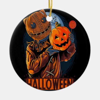 HALLOWEEN MASKED SCARECROW MAN  PUMPKIN CERAMIC TREE DECORATION