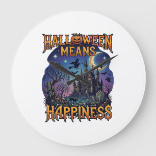 Halloween Means Happiness Haunted Castle Witch Moo Large Clock