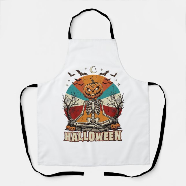 Halloween Meditating Pumpkin Skeleton Retro Sun Ba Apron (Front)