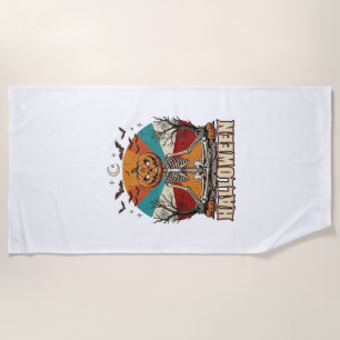 Halloween Meditating Pumpkin Skeleton Retro Sun Ba Beach Towel