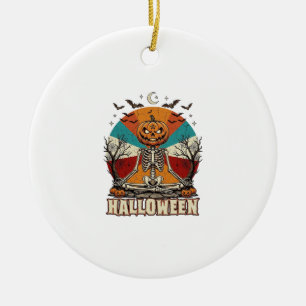 Halloween Meditating Pumpkin Skeleton Retro Sun Ba Ceramic Tree Decoration