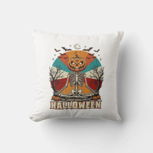 Halloween Meditating Pumpkin Skeleton Retro Sun Ba Cushion