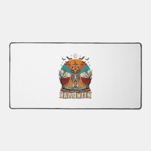 Halloween Meditating Pumpkin Skeleton Retro Sun Ba Desk Mat