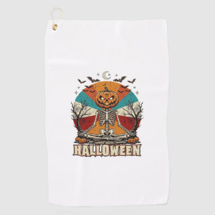 Halloween Meditating Pumpkin Skeleton Retro Sun Ba Golf Towel