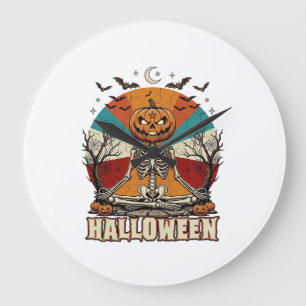 Halloween Meditating Pumpkin Skeleton Retro Sun Ba Large Clock