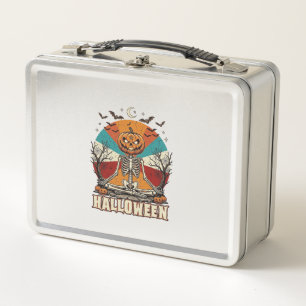 Halloween Meditating Pumpkin Skeleton Retro Sun Ba Metal Lunch Box
