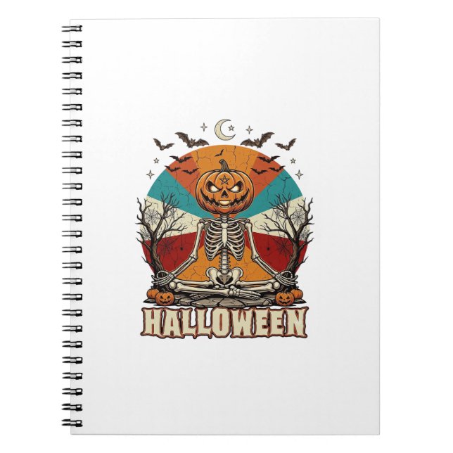 Halloween Meditating Pumpkin Skeleton Retro Sun Ba Notebook (Front)
