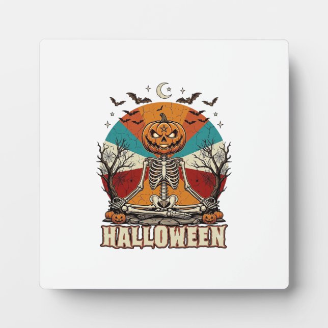 Halloween Meditating Pumpkin Skeleton Retro Sun Ba Plaque (Front)