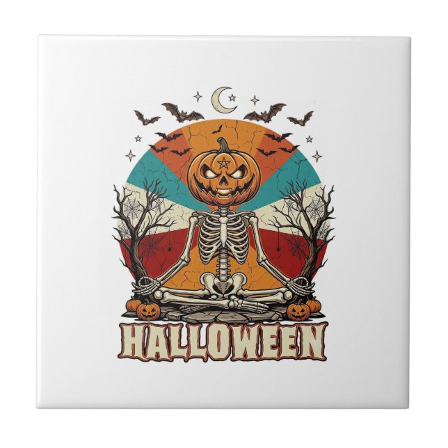Halloween Meditating Pumpkin Skeleton Retro Sun Ba Tile (Front)