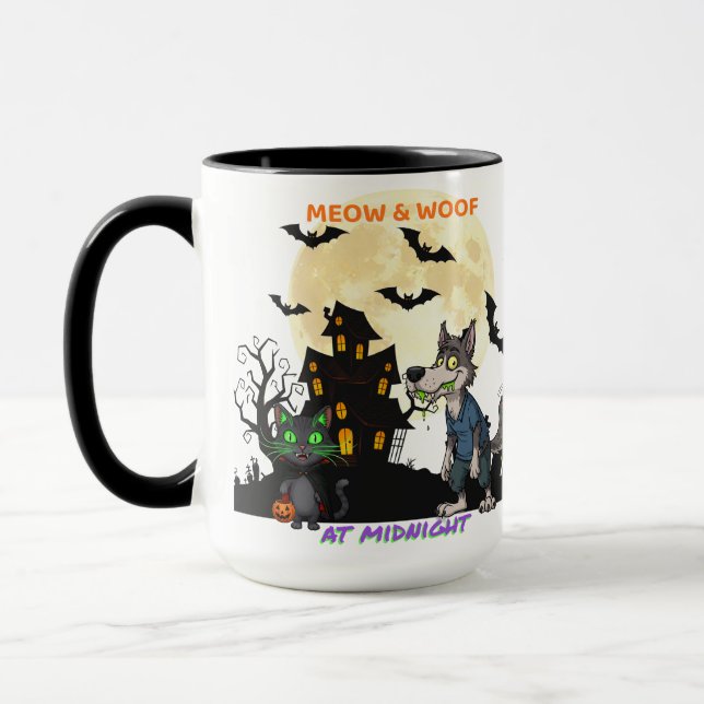 Halloween "Meow & Woof at Midnight" Cat & Werewolf Mug (Left)