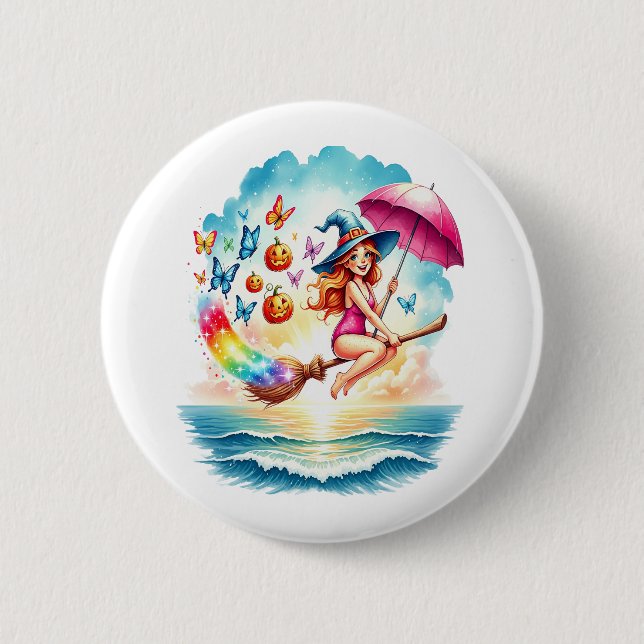 Halloween Mermaid Witch on Broom 6 Cm Round Badge (Front)
