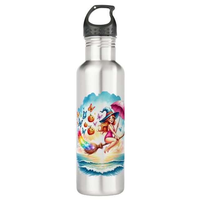 Halloween Mermaid Witch on Broom 710 Ml Water Bottle (Front)