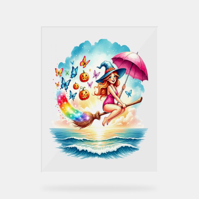 Halloween Mermaid Witch on Broom Acrylic Sign (Front)