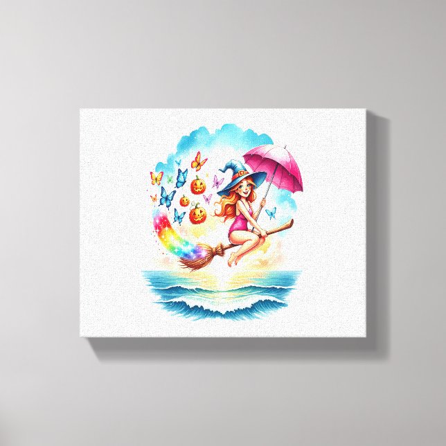 Halloween Mermaid Witch on Broom Canvas Print (Front)