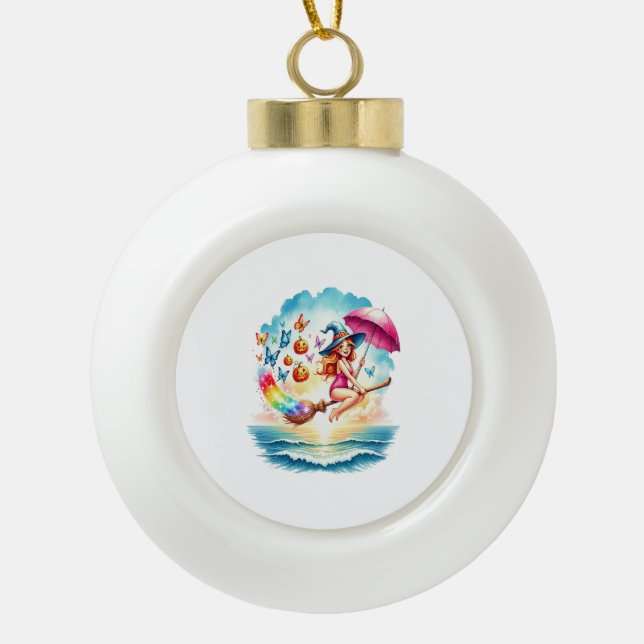 Halloween Mermaid Witch on Broom Ceramic Ball Christmas Ornament (Front)