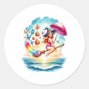 Halloween Mermaid Witch on Broom Classic Round Sticker