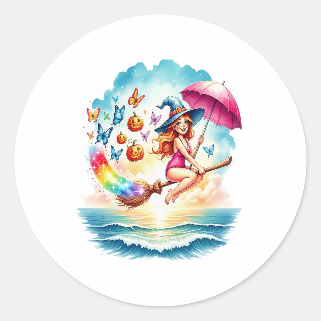 Halloween Mermaid Witch on Broom Classic Round Sticker (Front)