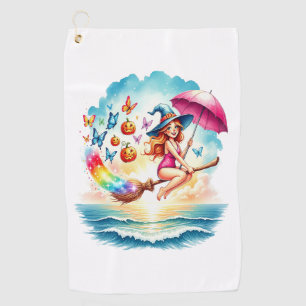 Halloween Mermaid Witch on Broom Golf Towel