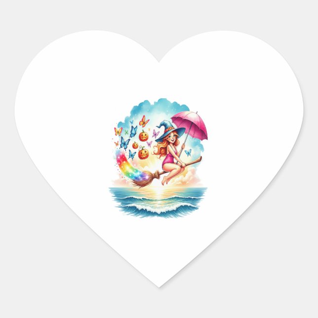 Halloween Mermaid Witch on Broom Heart Sticker (Front)