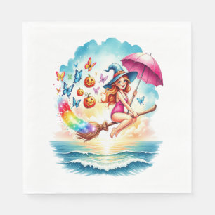 Halloween Mermaid Witch on Broom Napkin