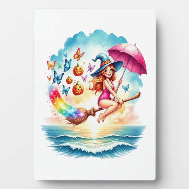 Halloween Mermaid Witch on Broom Plaque (Front)