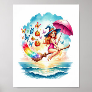 Halloween Mermaid Witch on Broom Poster