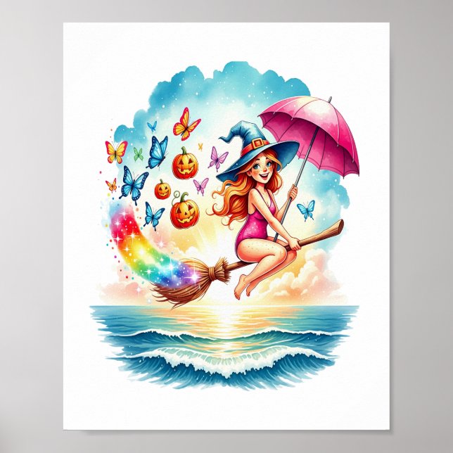 Halloween Mermaid Witch on Broom Poster (Front)