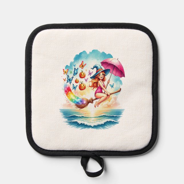 Halloween Mermaid Witch on Broom Pot Holder (Front)