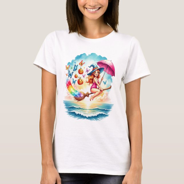 Halloween Mermaid Witch on Broom T-Shirt (Front)