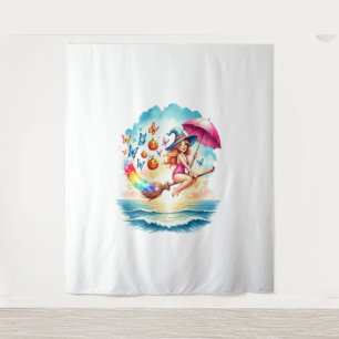 Halloween Mermaid Witch on Broom Tapestry