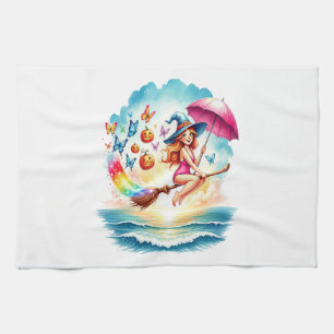 Halloween Mermaid Witch on Broom Tea Towel
