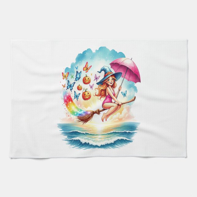 Halloween Mermaid Witch on Broom Tea Towel (Horizontal)