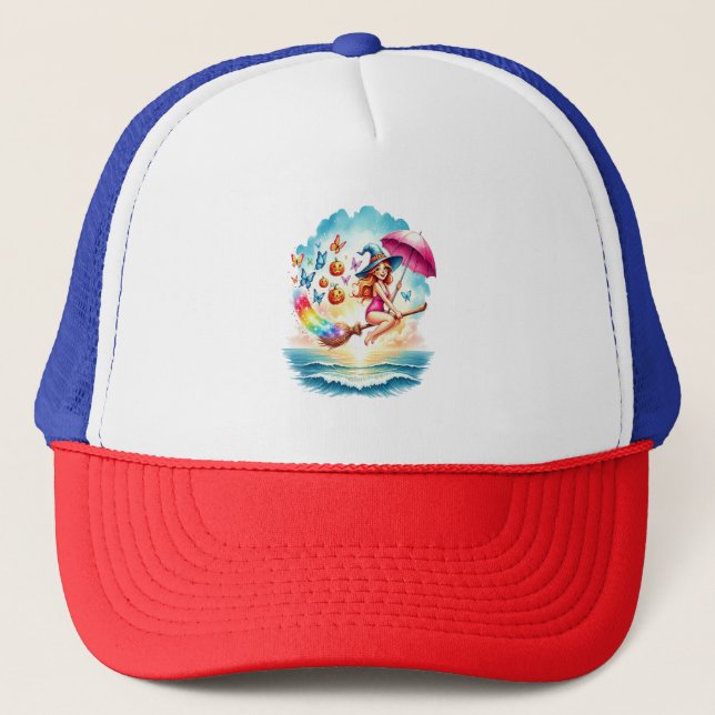 Halloween Mermaid Witch on Broom Trucker Hat (Front)