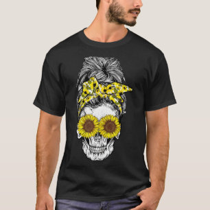 Halloween Messy Bun Hair Skull Sunflower Floral T-Shirt