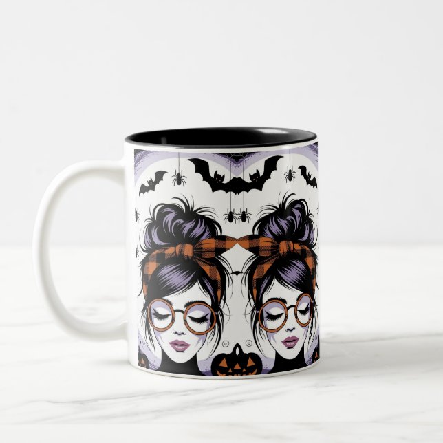 Halloween Messy Bun Woman Two-Tone Coffee Mug (Left)