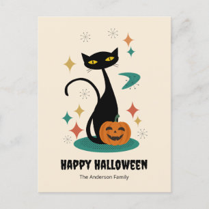 Halloween Mid Century Black Cat Holiday Postcard